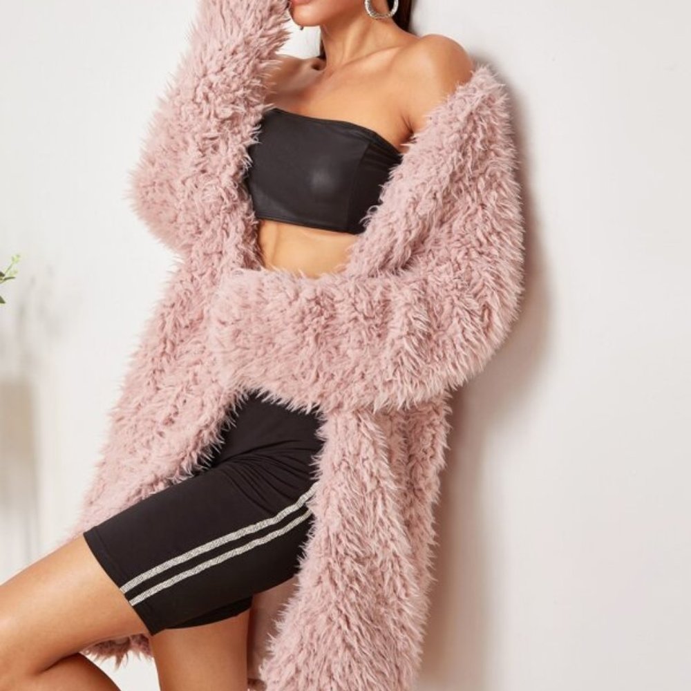 Pink oversized Open Front Fuzzy teddy Coat jacket - Picture 11 of 12